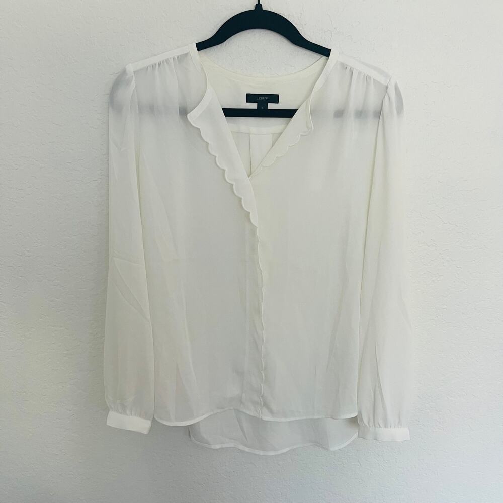 J.Crew Women's Ivory White Scalloped Trim Long Sleeve V-Neck Blouse - Size S